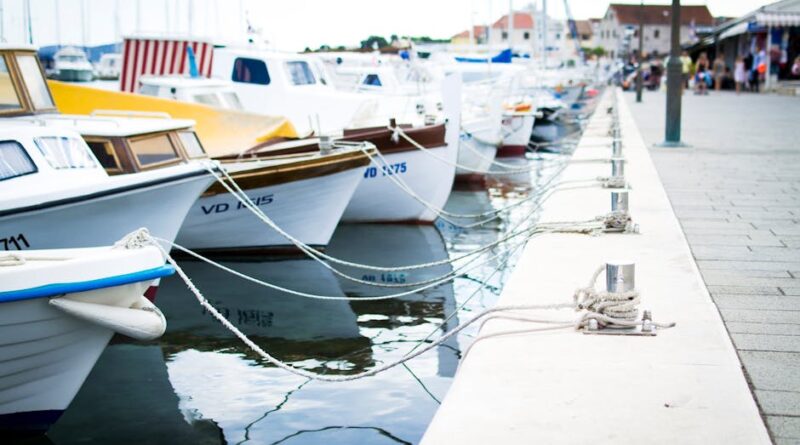 A collection of boats moored at a harbor pier on a clear day. Perfect for travel and maritime themes.