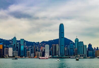 Stunning view of Hong Kong's skyline from Kowloon at sunset, featuring modern skyscrapers.
