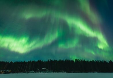 Stunning display of northern lights over a winter forest in Vaala, Finland.