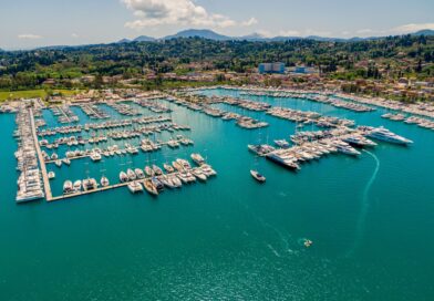 Stunning aerial photograph of Gouvia Marina, showcasing yachts and scenic landscape in Greece.